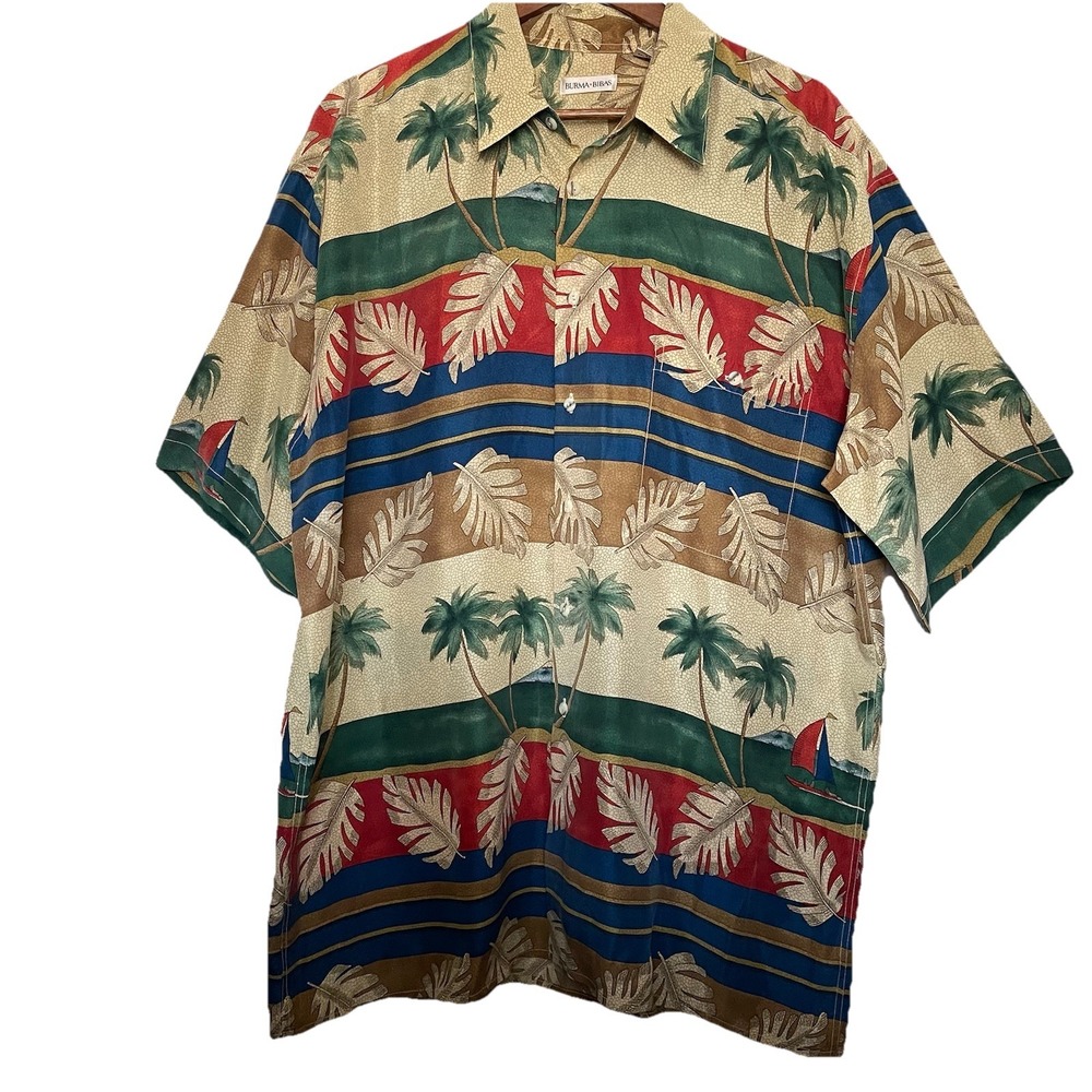 Burma Bibas Mens Button Down 100% Silk XL Multicolor Tropical Palm Tree Hawaiian